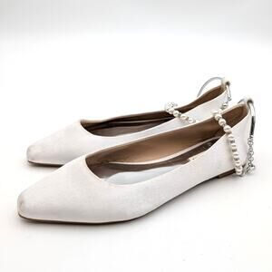 Badgley Mischka London Pearl Ankle Strap Flats Women's White Size US5.5M EU36